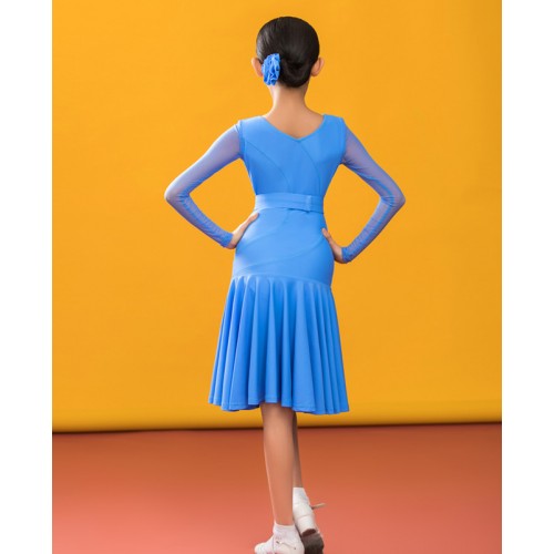 Blue Latin ballroom dance dress for girls Children standard competition clothes kids Latin performance clothes grade examination dance outfits
